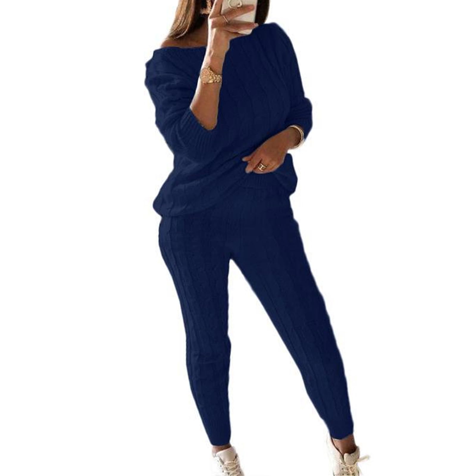 Womens Fall Cable Knit Set Plus Size Crew Neck Pullover Sweater Top & Long Pants 2 Piece Outfits Tracksuit Loungewear