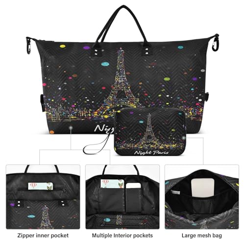 Paris Eiffel Tower Polka Dots Colorful Large Travel Duffle Bag Weekender Overnight Bags Gym Yoga Bag for Women Men with Toiletry Bag2