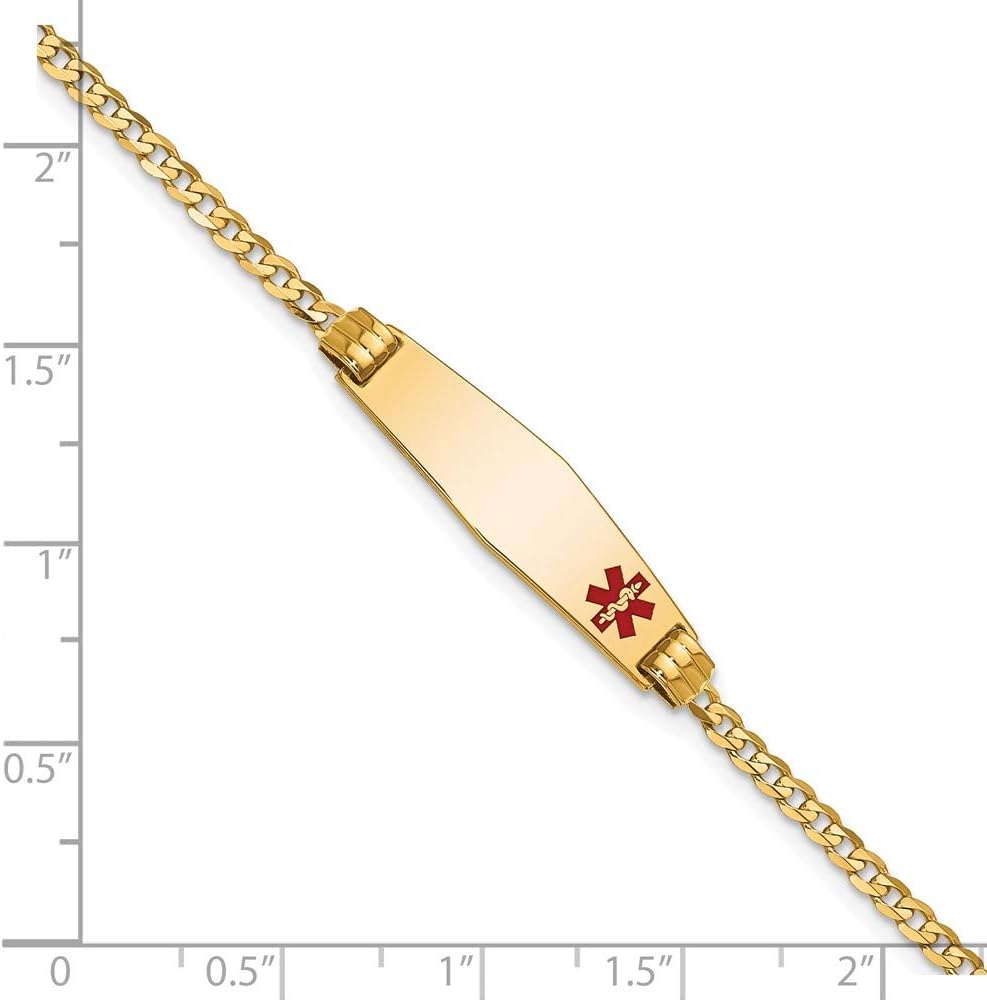 Engravable Personalized Custom 14K Yellow Gold Medical Soft Diamond Shape Red Enamel Curb Link ID Bracelet For Men or Women Length 7 inches Width 7.5 mm