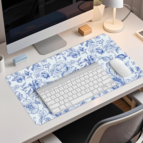 Image of Blue Chinoiserie Mouse Pad,Blue and White Floral Desk Mat, Large Floral Preppy Trendy Mouse Pad,Girly Gaming Mousepad,Girly Laptop Desk Mat for Dorm Home Office Decor,23.6x11.8 Inch