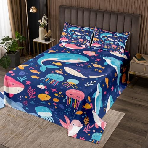 Erosebridal Cute Cartoon Ocean Animal Quilt Set Kawaii Whale Octopus Kids Bedspread Sets Twin,Pink Blue Marine Life Coverlet Sets for Boys Girls,Underwater World Navy Blue Bed Set