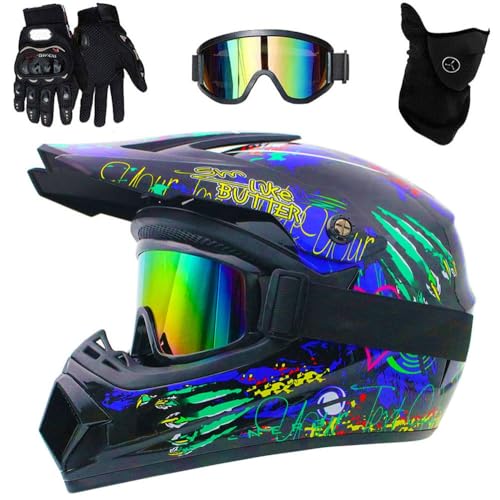 6-14 anni Bambini MTB Casco da Motocross, con Occhiali Guanti Maschera, Approvato DOT, Discesa Dirt Bike MX Quad Bici Schianto Casco(F2,L(56-57cm))