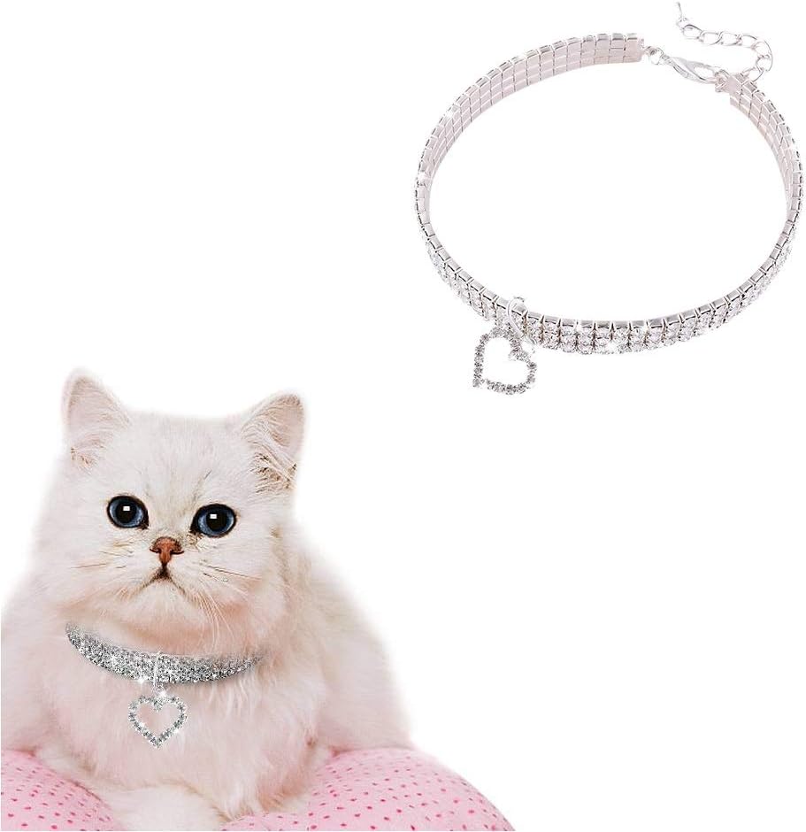 Pet Wedding Collar Cute Pet Elastic Adjustable Bling Rhinestone Diamond Necklaces with Heart Pendant Fancy Princess Wedding Collar for Small Pets Cats Kitten Puppy Summer Beach Costume Gift, White