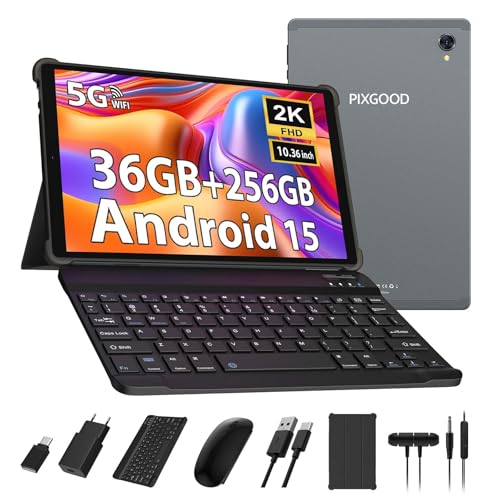 PIXGOOD 2K Tablet 10.4 Pulgadas, Android 15, 36GB RAM+256GB ROM (2TB TF), Octa-Core, INCELL 2000 * 1200, 5G WiFi, 8000mAh, 13MP+8MP, GPS, Tablet con Teclado ect (Gris)