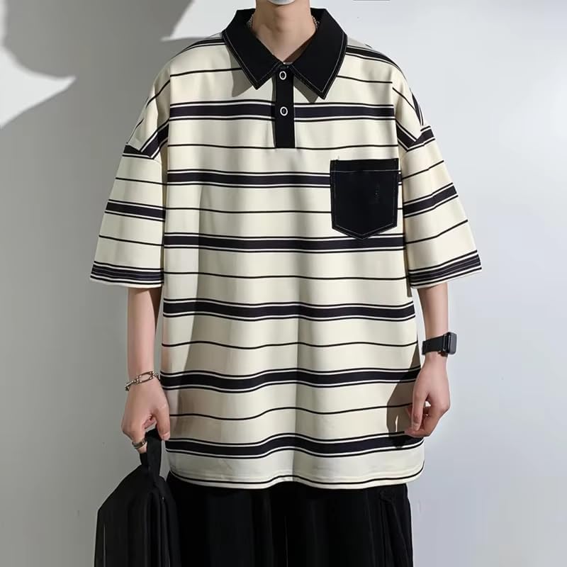 Men's Stripe Polo Shirts Short Sleeve Loose Fit Collared T-Shirts