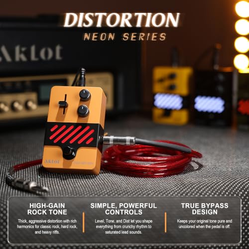 Image of AKLOT Classical Distortion Guitar Pedal: Classic Rock Distortion Pedal with DIST /LEVEL /TONE Controls, True Bypass Compact Metal Pedal for Electric Guitar, Rock, Blues, Punk, NEON Riot