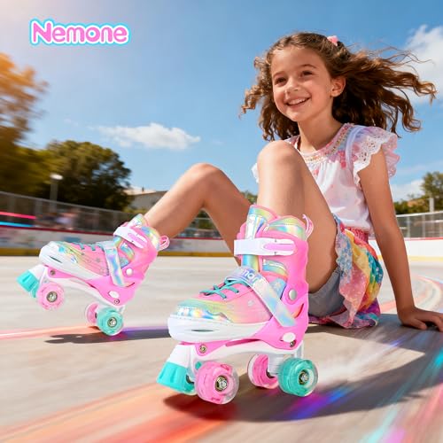 Image of NEMONE Unicorn 4 Size Adjustable Light up Roller Skates for Girls, Pink Skates for Toddlers, Beginner Kids Roller Skates Indoor Outdoor (Unicorn S New)