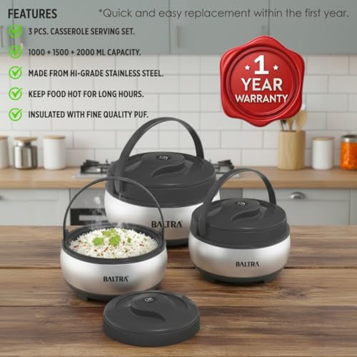 Image of BALTRA Inner Stainless Steel Casserole Set | Keeps Food hot & Fresh Chapati, Roti, Biryani | Serving Bowl with Lid | Hot Box for Kitchen | House Warming Gifts Set (Verna (1000ML,1500ML, 2000ML))