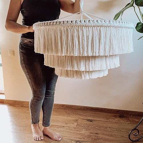 Lustres, Bohême Gland Suspension, 3 Lumières Fringe Lustre Plafonnier Fait Main, Boho Luminaire Franges De Coton Plafonnier Couleur Blanc Crémeux…