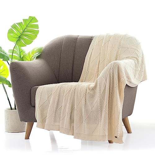 Image of Pluchi Cable Moss Cotton Knitted All Season AC Throw Blanket (125cm X 150cm) (Natural)