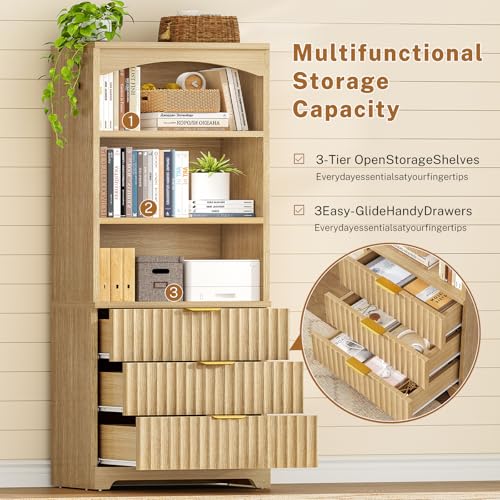 Image of TEENFON 63.3 inch Tall Bookshelf, Bookshelves and Bookcases with Drawers, Arched Design Bookcase with Storage Cabinet, Natural Wood Grain Wave Pattern Storage Shelves for Living Room, Bedroom,Office