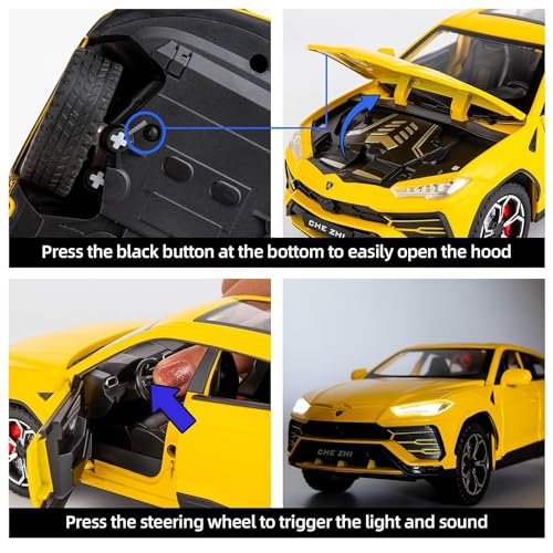Image of Invite Enterprise Exclusive Alloy Metal Pull Back Die-Cast Car 1:24 Big Lamborgini Urus Diecast Metal Pullback Toy Car With Openable Doors, Light Music Boys Gifts Toys For Kids(1:24 Urus - Yellow)