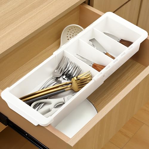 Enhon Expandable Sliding Drawer Organizer, Sliding Storage Tray for Utensils & Accessories in Deep Drawer Organizer, Expandable 11.4” to 18” Wide, Kitchen Storage Drawers Divider for Utensils, White