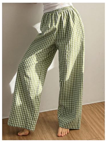 OYOANGLE Women's Plaid Print Linen Long Pants Elastic High Waisted Wide Leg Y2K Loose Casual Trousers3