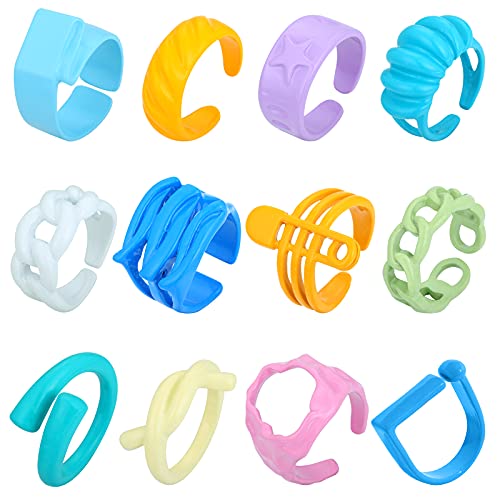 FUNEIA 12Pcs Chunky Rings for Women Colorful Y2K Rings Set Open Stacking Rings Cute Trendy Finger Rings Retro Knuckle Rings Jewelry Gift for Women
