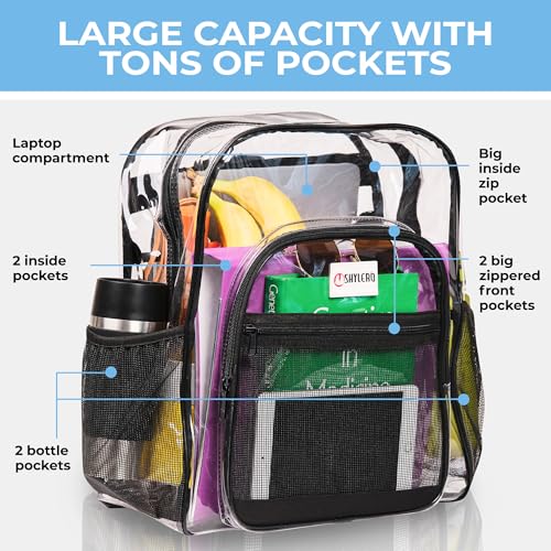 Image of SHYLERO Clear Backpack Heavy Duty has TSA Lock, 2-WAY Zipper. PVC Transparent Backpack X-Large - H18''xW14''xD8 - Black