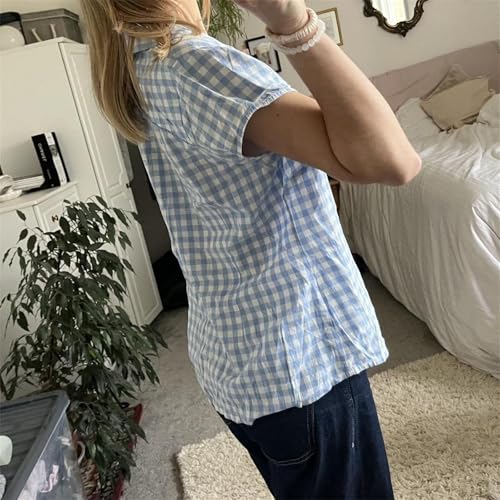 Image of Y2k Girls Vintage Coquette Button Down Shirt Women Short Sleeve V-Neck Slim Fitted T-Shirt Cute Blouse Crop Top