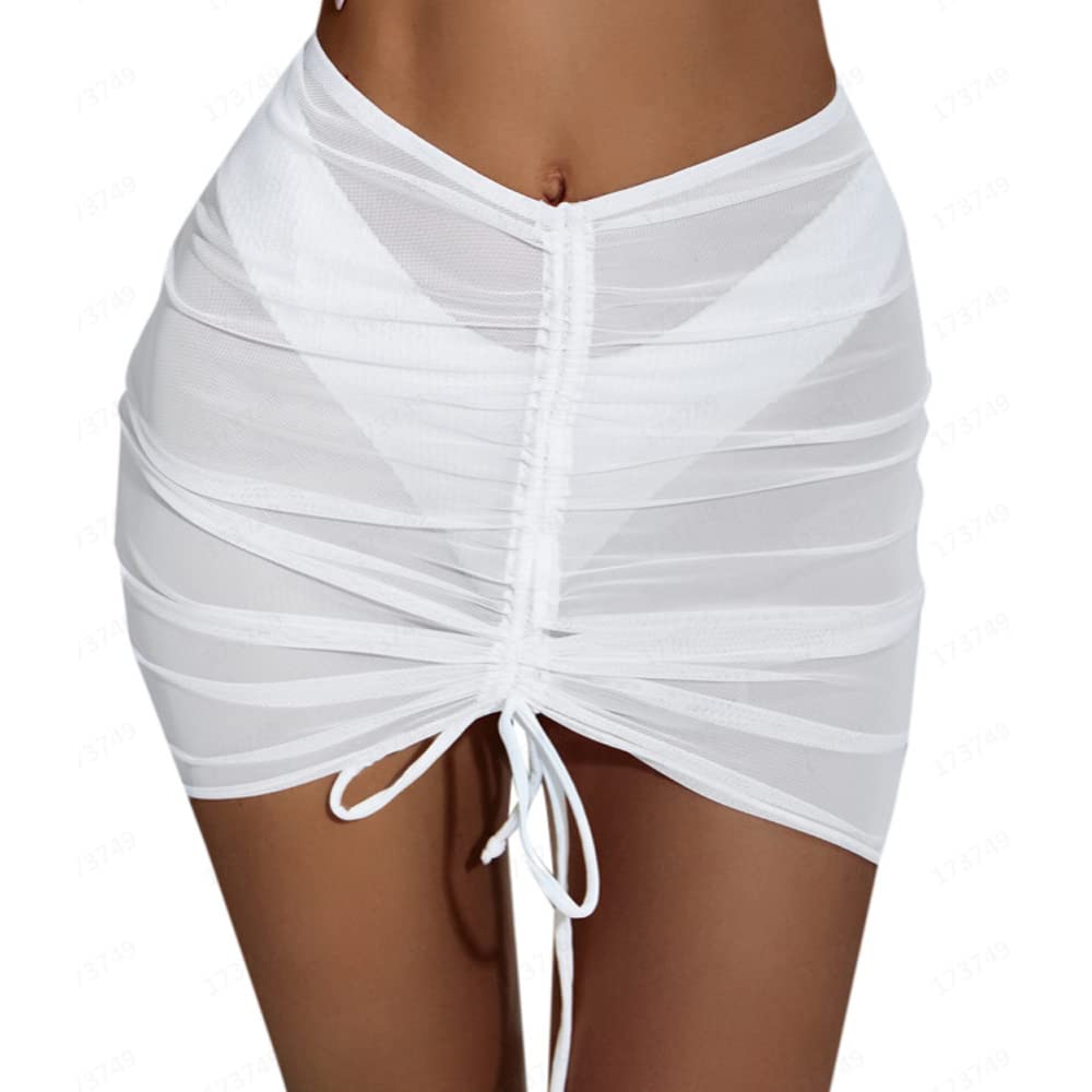 FDEETY Pareo de Playa para Mujer, Traje de baño Semitransparente, Envoltura de Bikini, Falda Corta con cordón Fruncido de Gasa