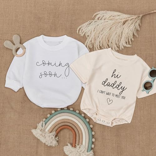 2Pcs Hi Daddy I Can't Wait To Meet You pregnancy Announcement For Husband Dad Romper, Hi Daddy Onesie Pregnancy Announcement Baby announcement Coming Soon onesie (0-3 Months)2