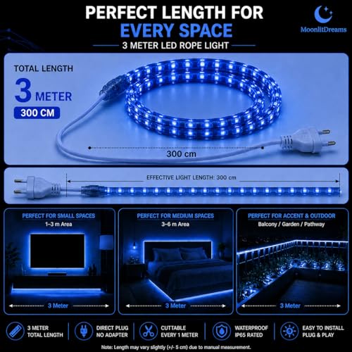 Image of MoonlitDreams Blue LED Rope Light 3M for Home Decoration | Waterproof Flexible Strip Tube for Ceiling Cove Lighting, Wall Decor, Indoor Outdoor Use, Festive & Diwali Lights