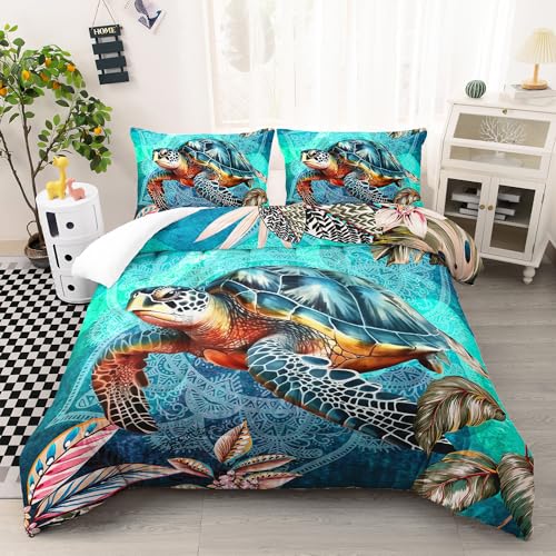 Image of AILONEN Beautiful Sea Turtle Comforter Set Full Size, Ocean Theme Bedding Set for Kids Girls,Aquamarine Blue Duvet Set for All Season,(1 Comforter 2 Pillowcases 3 Piece)
