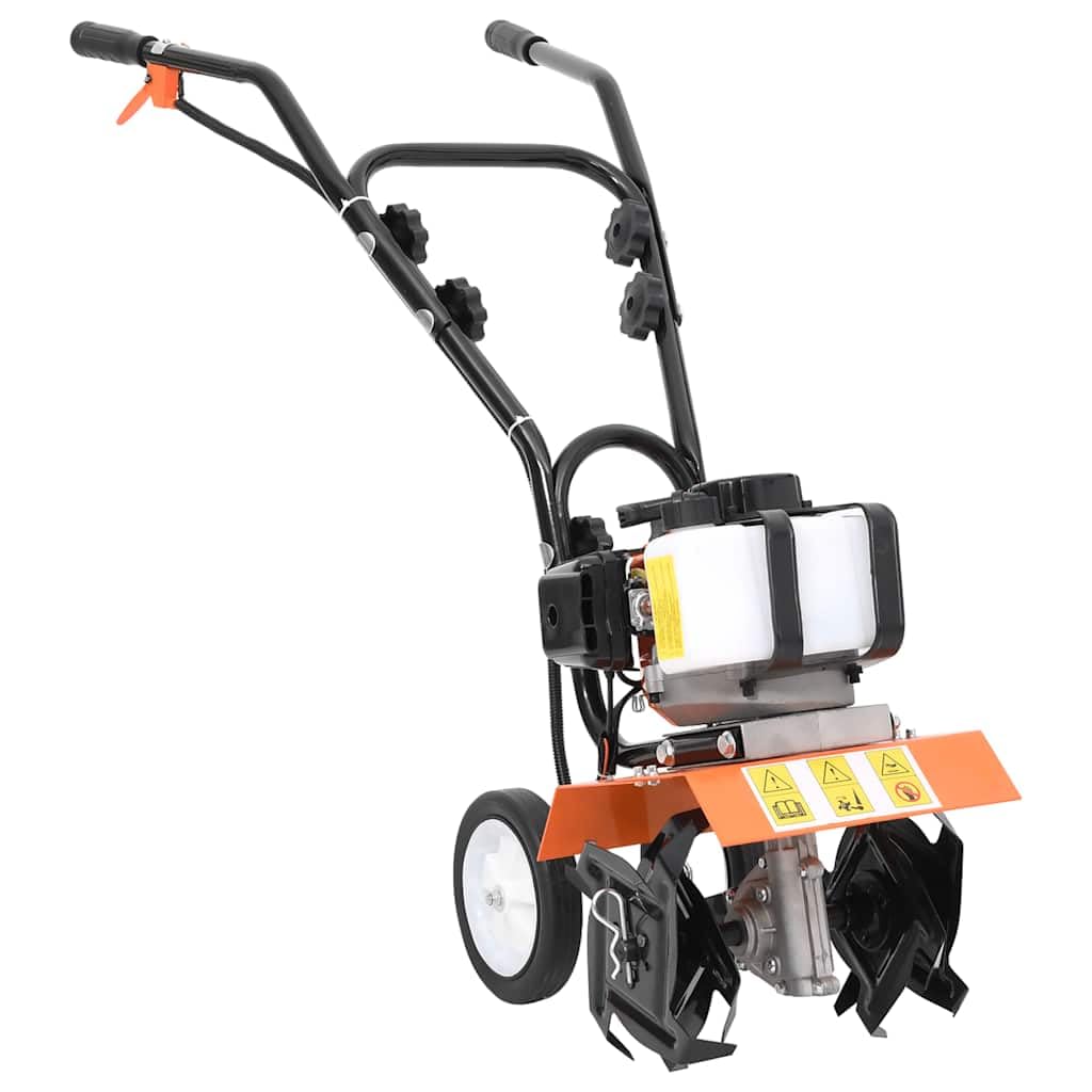 Fresa de suelo de gasolina de 52 cm³, 25 cm de ancho de trabajo, 10-12 cm de profundidad, 16 cuchillas de acero endurecido, depósito de 1,25 L, con botón ON-off, para parterres de jardín y