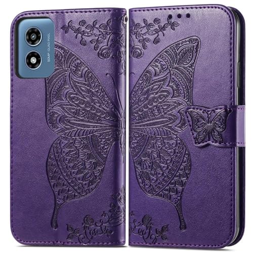 KRHGEIK for Moto G Play 2024 Phone Case Wallet,Women Butterfly Embossed PU Leather Kickstand Card Holder Slots Wrist Strap Flip Cover Purse for Motorola Moto G Play (2024) (Purple)