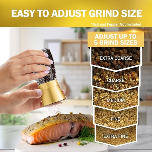 Image of Home EC Original Gold Salt and Pepper Grinder Set of 2 - Adjustable Ceramic Grinder - Glass Salt and Pepper Shakers With Funnel and Ebook - Kitchen Spice Mill - Gold Kitchen Accessories