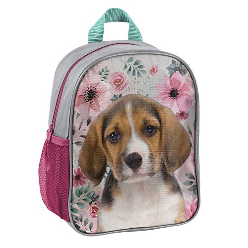 Preisvergleich Produktbild Kinder Rucksack 28x22x10 cm - Hund MIT Blumen - GRAU / PINK