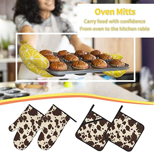 Brown Cowhide- Oven Mitts And Lid Pads, Washable And Comfortable Heat-Resistant Kitchen Non-Slip Microwave Oven Mitts For Cooking, Baking And Grilling #TOP6