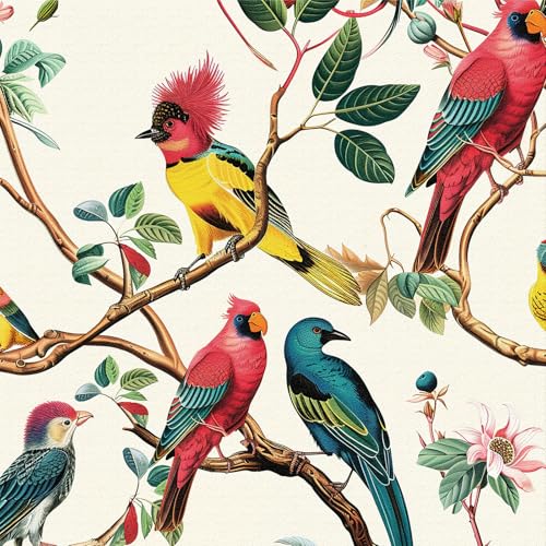 Papier Peint Adhesif Mural Oiseaux Coloré,44 x 300cm Papier Peint Vert Feuille Rose Fleurs Papier Autocollant Tropical Jungle Oiseaux Papier Autocollant pour...