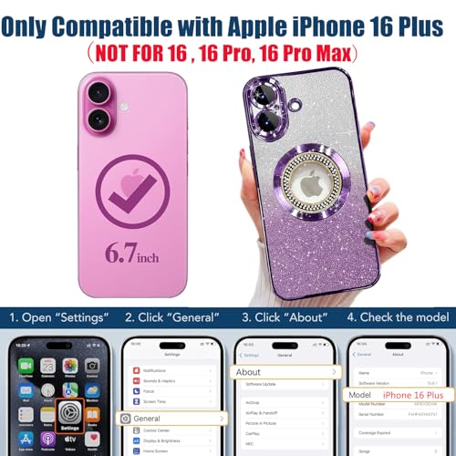 Image of Misscase for iPhone 16 Plus Magnetic Glitter Case Compatible with MagSafe,Full Protection Slim Shockproof Anti-Scratch Case with Camera Lens Protector Logo View Dust-Proof Net for Women Purple