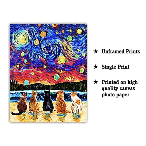 Bestbuddy Pet 11X14 Unframed Starry Night Styled Cat Friends Of Five Animals Lover Family Peace Love Oil Painting Art Print Poster Wall Decor Ap053 #TOP1