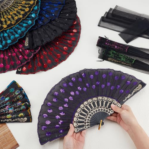 INTERWARM 30Pcs Peacock Hand Fans, Sequin Folding Hand Fan with 30Pcs Organza Packing Drawstring Bags Handheld Lace Decoration for Party Dancing Wedding and Home Decor, 9.1x1x0.9inch, 10 Color by INTERWARM - Image 3