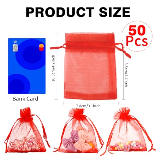 Image of Red Organza Bags - 50 Pcs, Sheer 3 x 4 Inch, Jewelry & Party Favor Bags with Drawstring, Small Mesh Gift Pouches for Wedding & Christmas