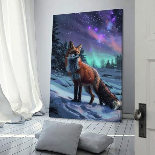 Impression sur toile renard roux décoration chambre enfant tableau aurores boréales 30x45cm