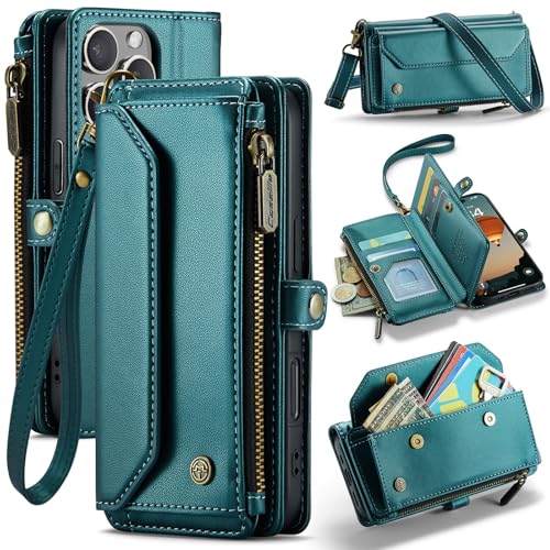 Étui portefeuille iPhone 16 Pro en cuir bleu vert chic