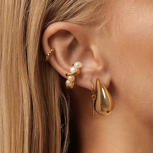 Gold Drop Clip On Earrings Dupes Teardrop Chunky Non Pierced Earring 14K Real Gold Plated Hypoallergenic Lightweight Earrings for Women（Gold and Silver）3