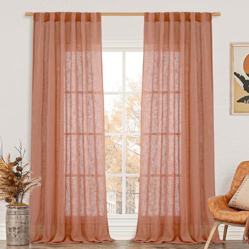 LAMIT Terracotta Linen Curtains for Living Room 108 inch Length 2 Panels, Light Filtering Semi Sheer Panels Back Tab and Rod Pocket Fall Panels for Bedroom/Sliding Glass Door, 52 x 108 Inch
