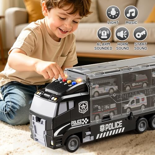 XINNOVEL Carrier Truck Toddlers Toys for 3 4 5 6 7 Years Old Boys, Toy Truck Transport Car & Die-Cast Car and Play Mat, Police Car Toys Birthday Gifts for Kids 3 4 5 6 7 8+ Years Old Boys Girls by XINNOVEL - Used condition - Image 3