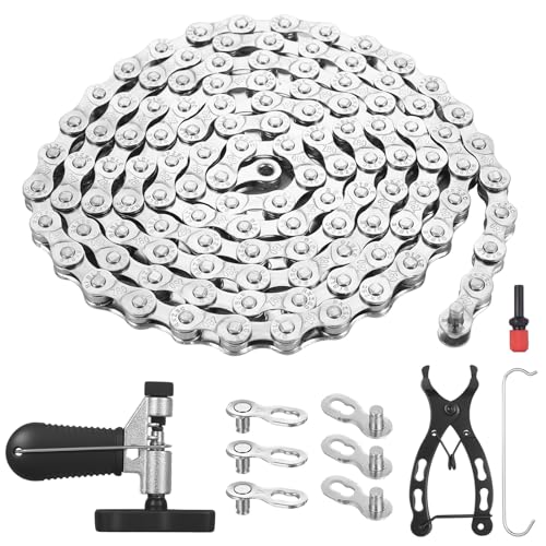 Chaîne de vélo, chaînes 6/7/8 vitesses, chaîne 1/2 x 3/32 pouce pour VTT et vélo de route, avec pince/briseur de chaîne pour vélo, 4 paires de verrous...
