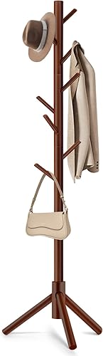 WANGMUXIA Perchero de madera de alta calidad, perchero independiente con 8 ganchos y 3 percheros de árbol de tamaño ajustable para dormitorio,