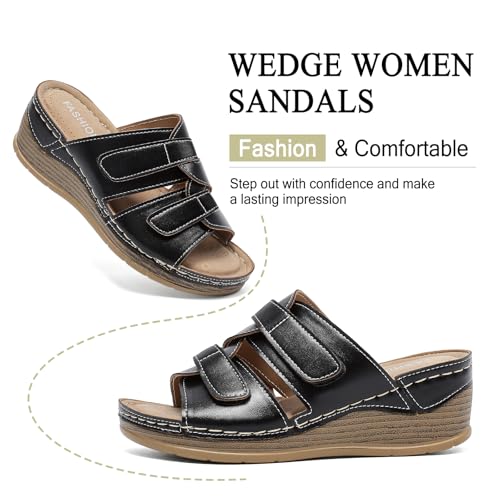 Womens Wedge Sandals Leather, Comfortable Slip On Slides Dressy, Orthopedic Sandals for Women, Open Toe Casua Arch Support Platform ladies Sandal Chunky Shoes3