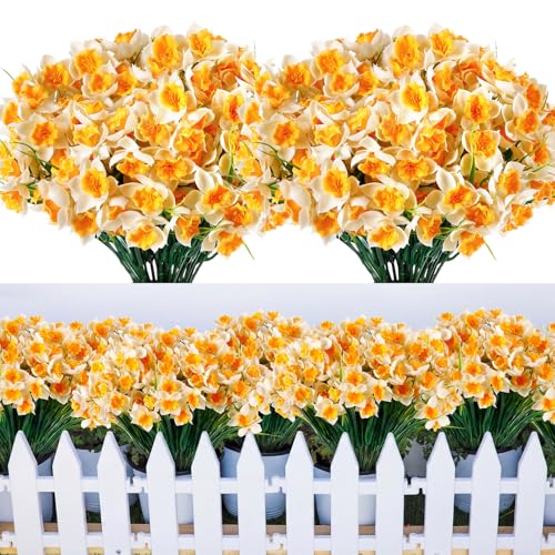 Zeyune 8 Bunches Artificial Daffodils Flowers 14.1 Inches Narcissus Spring Flower Faux Flowers for Home Decor Indoor Decorative for Home Garden Wedding Party(White & Yellow)
