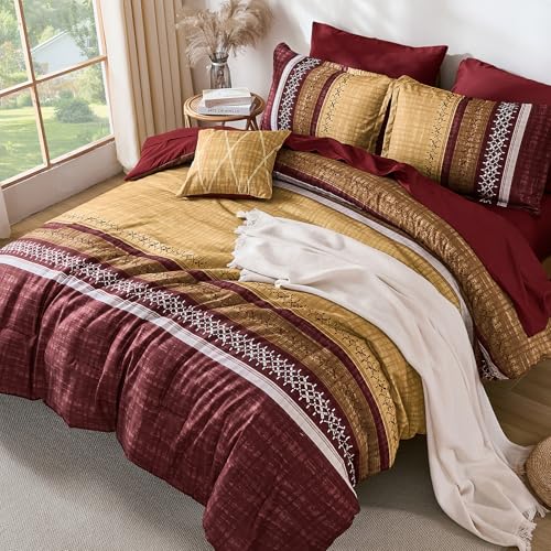 Image of Dintszyayue Burgundy King Comforter Size Set, 8 Pieces Boho Striped Texture Bed in a Bag Sets, Lightweight Soft Bohemian Comforter and Sheet Set, All Season Microfiber Bedding Sets for Men Women