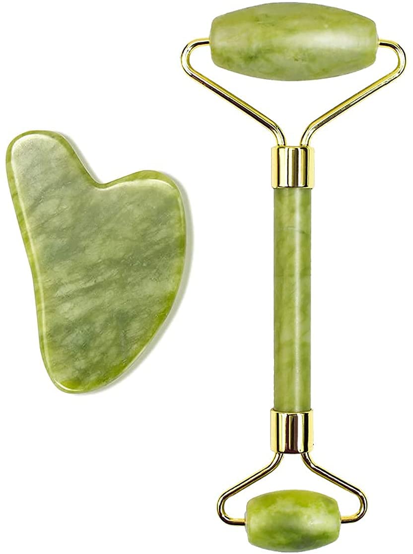 DEVMORE MANUAL Jade roller & guasha facial tool original, Roller Face Massager For Women Men face roller jade roller and gua sha set Jade Stone Facial Roller for Face Eye Neck Foot Massage, skin care (Green)
