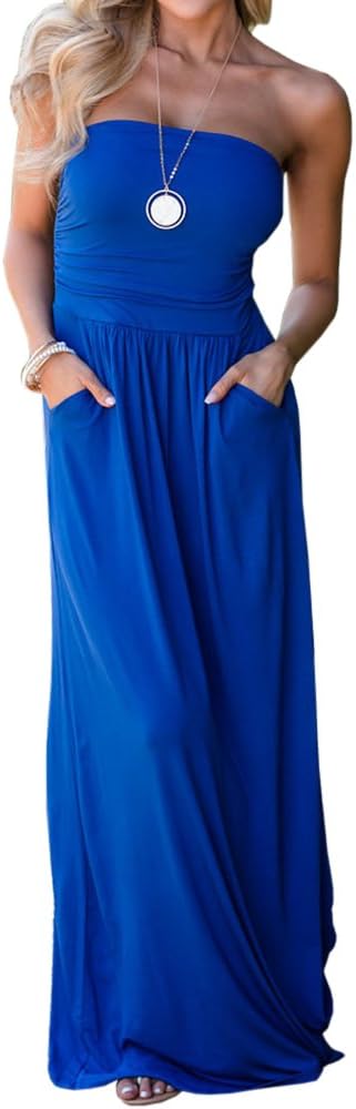 Ofenbuy Womens Off The Shoulder Maxi Dresses Summer Strapless Bandeau Long Dress with Pockets