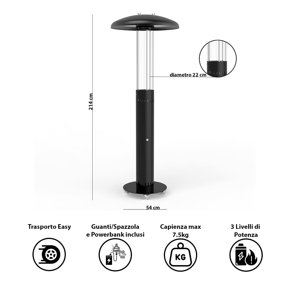Stufa a Pellet da Esterno Lumea | Riscaldamento a 360° fino a 6 ore Potenza Regolabile 4,6-7 kW | Design moderno con ruote | Include Guanti, Spazzola e Powerbank