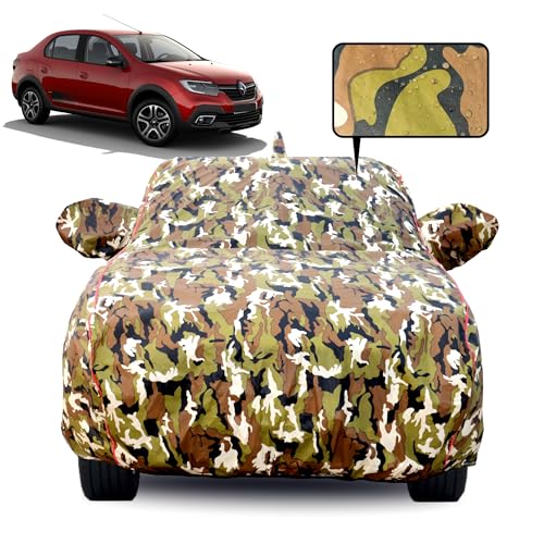 Image of Waterproof Car Body Cover for Mahindra Logan with Mirror Pocket, Soft Cotton Lining, Triple Stitched, Full Bottom Elastic (Heat Resistant Jungle Print with Red Piping)