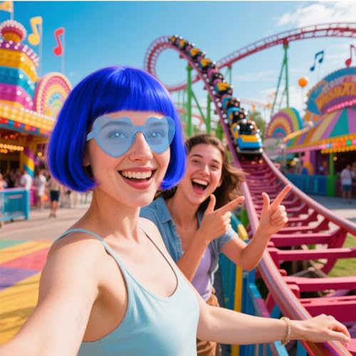 Image of PLULON Blue Bob Wig and Sunglass Set, Neon Short Bob Wig Sunglass Pack Costume Colorful Cosplay Hairpieces for Bachelorette Neon Party Favors, Halloween Decorations